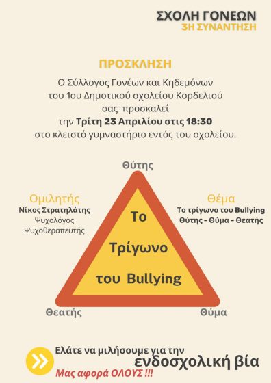 ΠΡΟΣΚΛΗΣΗ ΠΡΟΣ ΟΛΟΥΣ – «Το τρίγωνο του Bullying Θύτης- Θύμα- Θεατής»