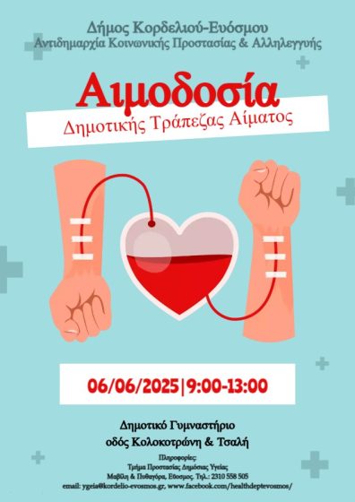 Την Παρασκευή 6 Ιουνίου  ενισχύουμε την Δημοτική Τράπεζα Αίματος