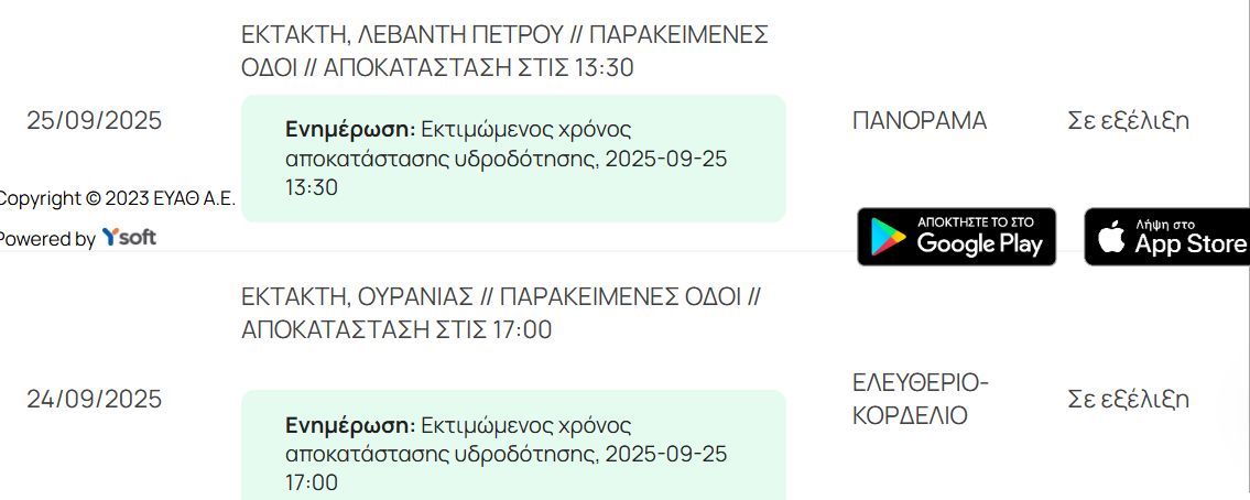 Έκτακτη διακοπή υδροδότησης στη δημοτική ενότητα Ελευθερίου - Κορδελιού
