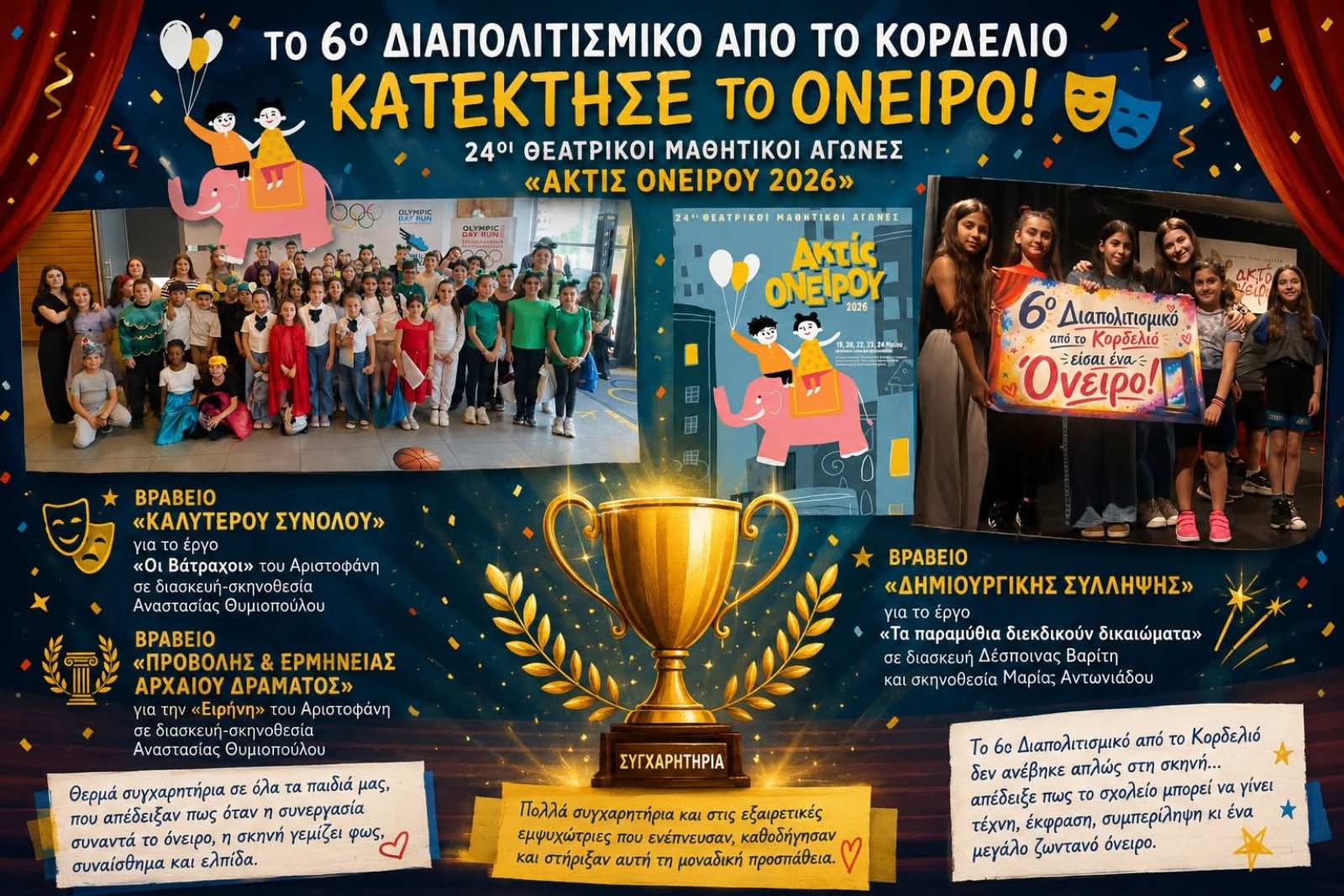 Τρία Βραβεία κατέκτησε το 6ο Πειραματικό Διαπολιτισμικό ΔΣ Ελευθερίου Κορδελιού, στους 24ους Θεατρικούς Μαθητικούς Αγώνες «Ακτίς Ονείρου 2026